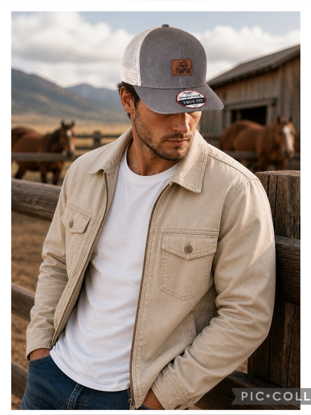 Imperial True Fit Trucker Hat Gray Beige Mesh Leather Patch Western Snapback